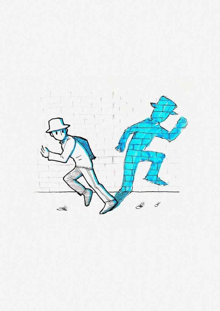 cartoon boy running away from his shadow on the wall